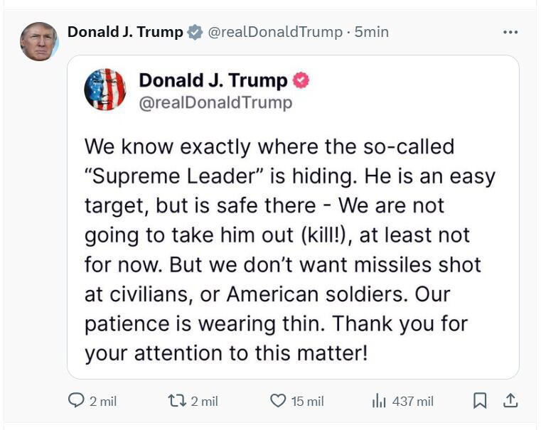 Escalada de Tensión en Medio Oriente: Trump Amenaza Directamente al Líder Supremo de Irán
