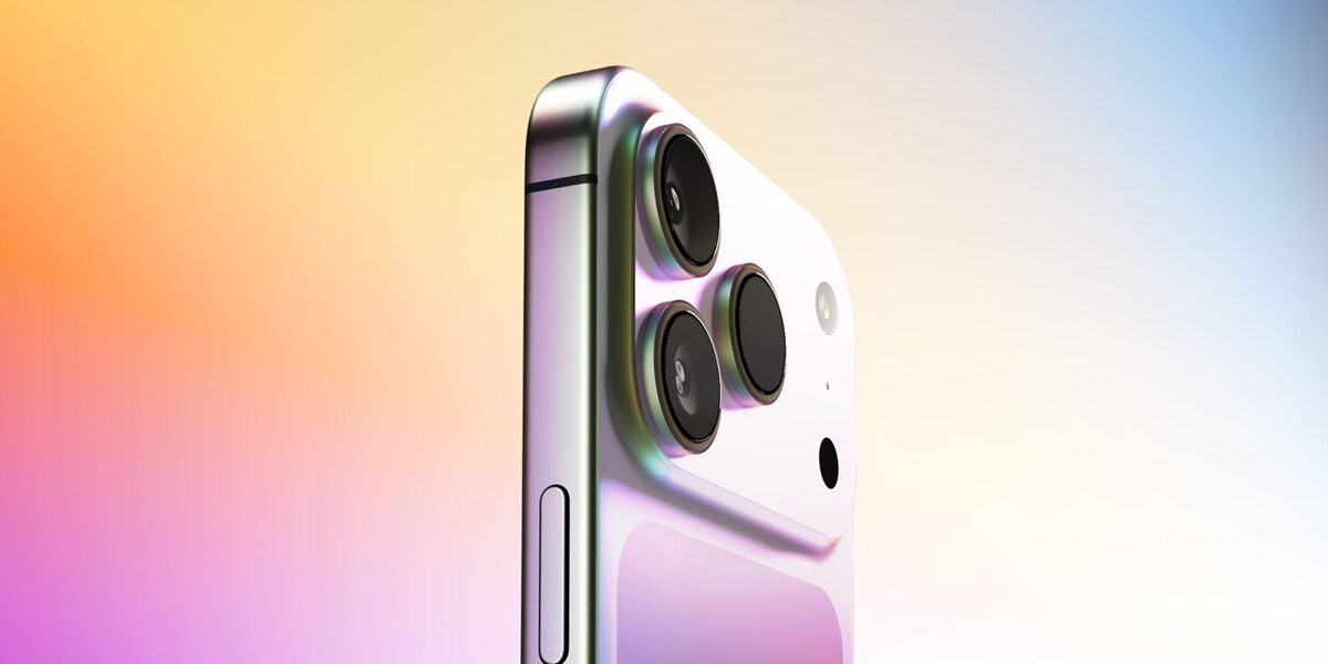 Maqueta de un iPhone 17 Pro de color naranja, mostrando el nuevo diseño de cámara trasera.