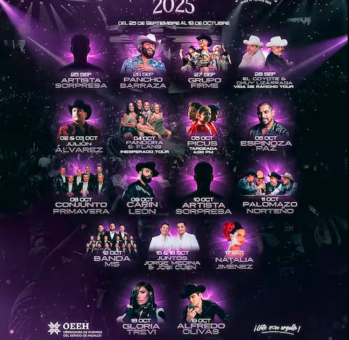 Cartel oficial con los artistas confirmados para el Palenque de la Feria San Francisco Pachuca 2025.