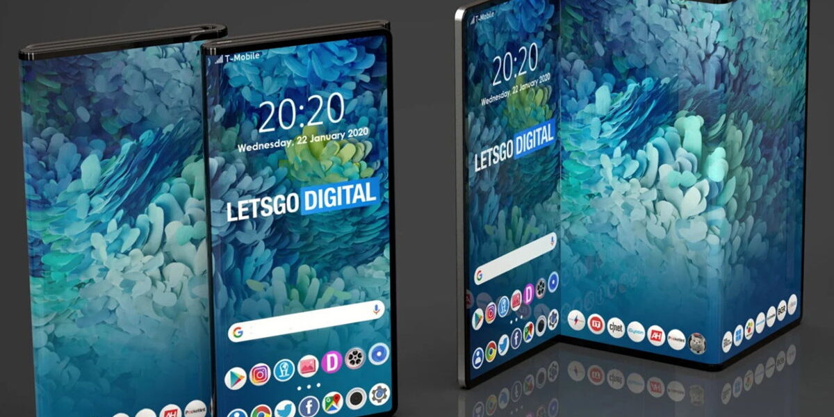 Render del Samsung Galaxy G Fold desplegado mostrando sus tres pantallas internas y sistema de doble pliegue.