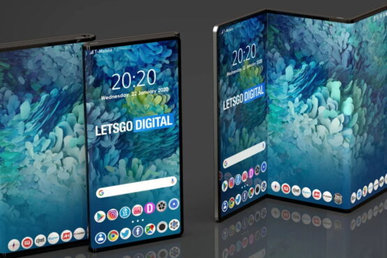 Render del Samsung Galaxy G Fold desplegado mostrando sus tres pantallas internas y sistema de doble pliegue.