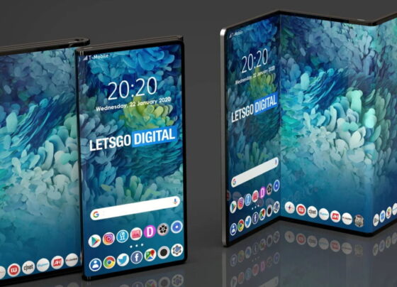 Render del Samsung Galaxy G Fold desplegado mostrando sus tres pantallas internas y sistema de doble pliegue.