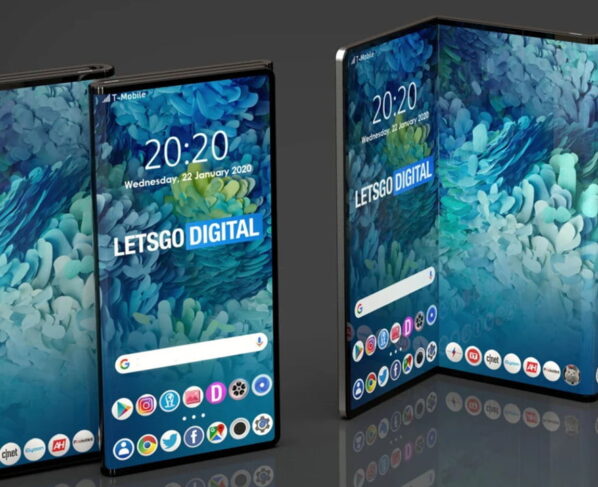 Render del Samsung Galaxy G Fold desplegado mostrando sus tres pantallas internas y sistema de doble pliegue.