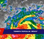 Representación gráfica de la posible trayectoria de la tormenta tropical Gil en el Pacífico mexicano, con indicaciones de las zonas que podrían ser afectadas por el fenómeno.