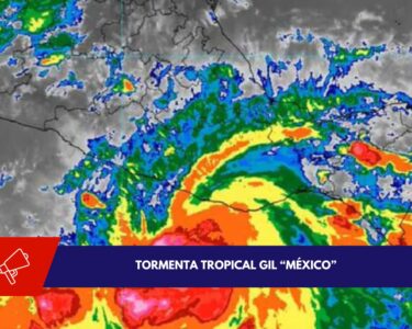 Representación gráfica de la posible trayectoria de la tormenta tropical Gil en el Pacífico mexicano, con indicaciones de las zonas que podrían ser afectadas por el fenómeno.