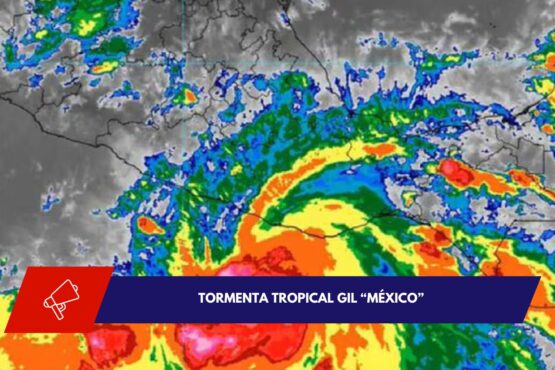 Representación gráfica de la posible trayectoria de la tormenta tropical Gil en el Pacífico mexicano, con indicaciones de las zonas que podrían ser afectadas por el fenómeno.