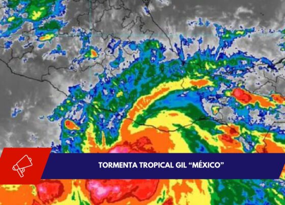 Representación gráfica de la posible trayectoria de la tormenta tropical Gil en el Pacífico mexicano, con indicaciones de las zonas que podrían ser afectadas por el fenómeno.
