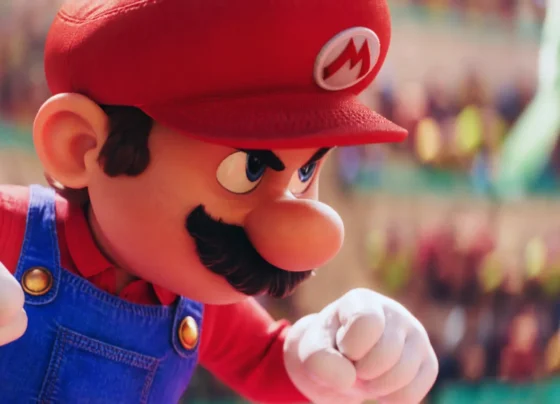 Póster de la película “The Super Mario Galaxy Movie” con Mario y sus amigos en el espacio.