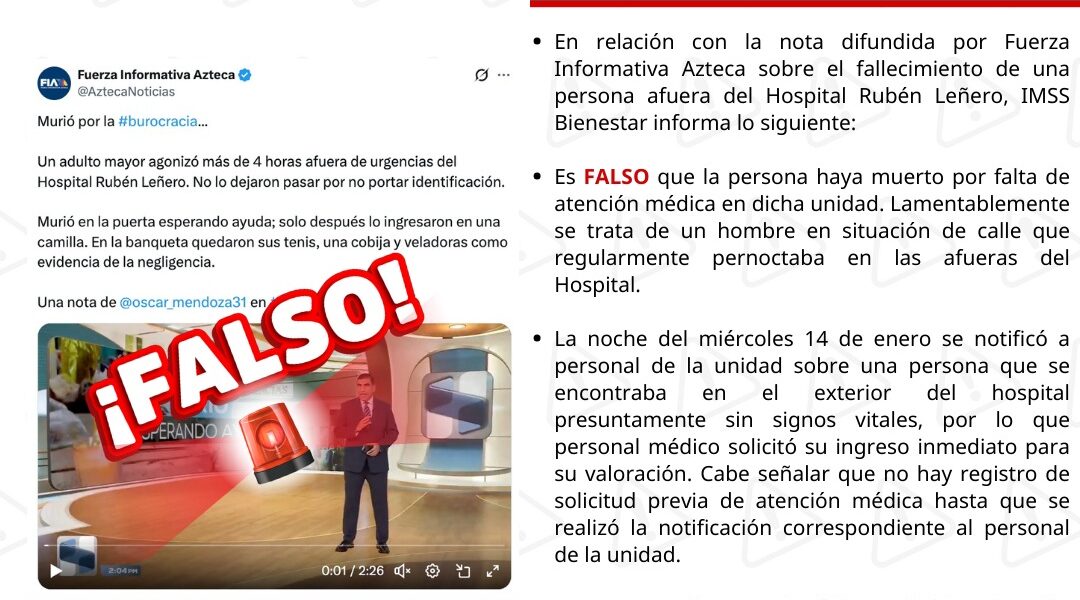 IMSS Bienestar desmiente fallecimiento por falta de atención médica en el Hospital Rubén Leñero