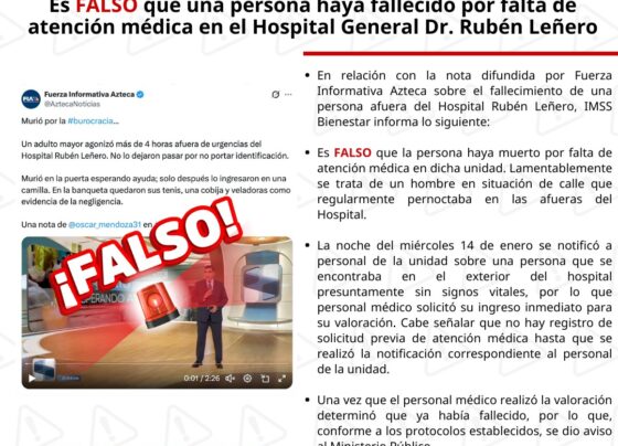 IMSS Bienestar desmiente fallecimiento por falta de atención médica en el Hospital Rubén Leñero