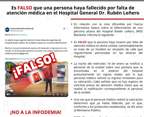 IMSS Bienestar desmiente fallecimiento por falta de atención médica en el Hospital Rubén Leñero